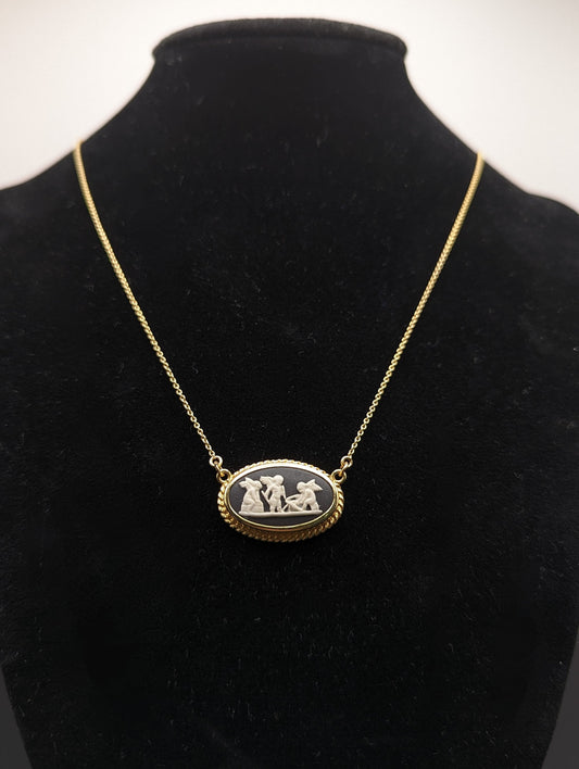 14k Gold Necklace England Wedgwood Black Cameo Angles GP Pendant Vintage Victorian Gold Jasper ware Wedgwood Pendant 14k Solid Gold Necklace