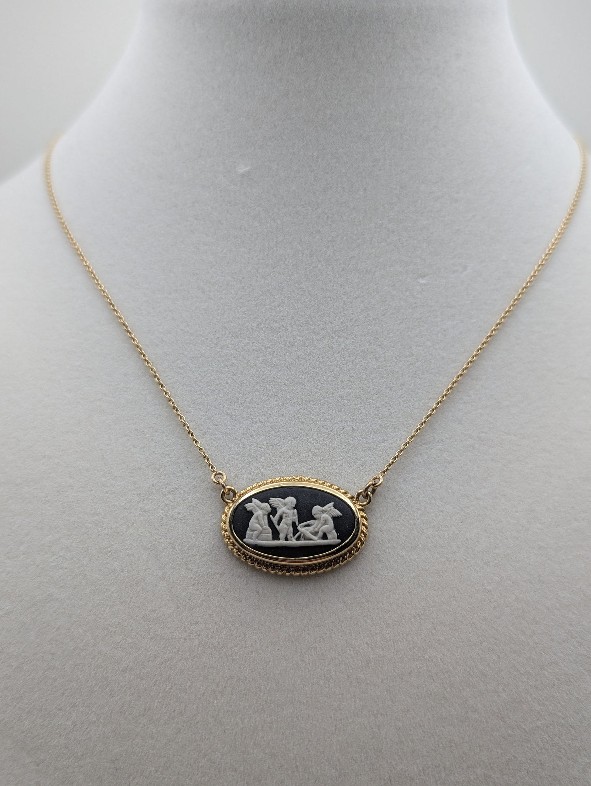 14k Gold Necklace England Wedgwood Black Cameo Angles GP Pendant Vintage Victorian Gold Jasper ware Wedgwood Pendant 14k Solid Gold Necklace