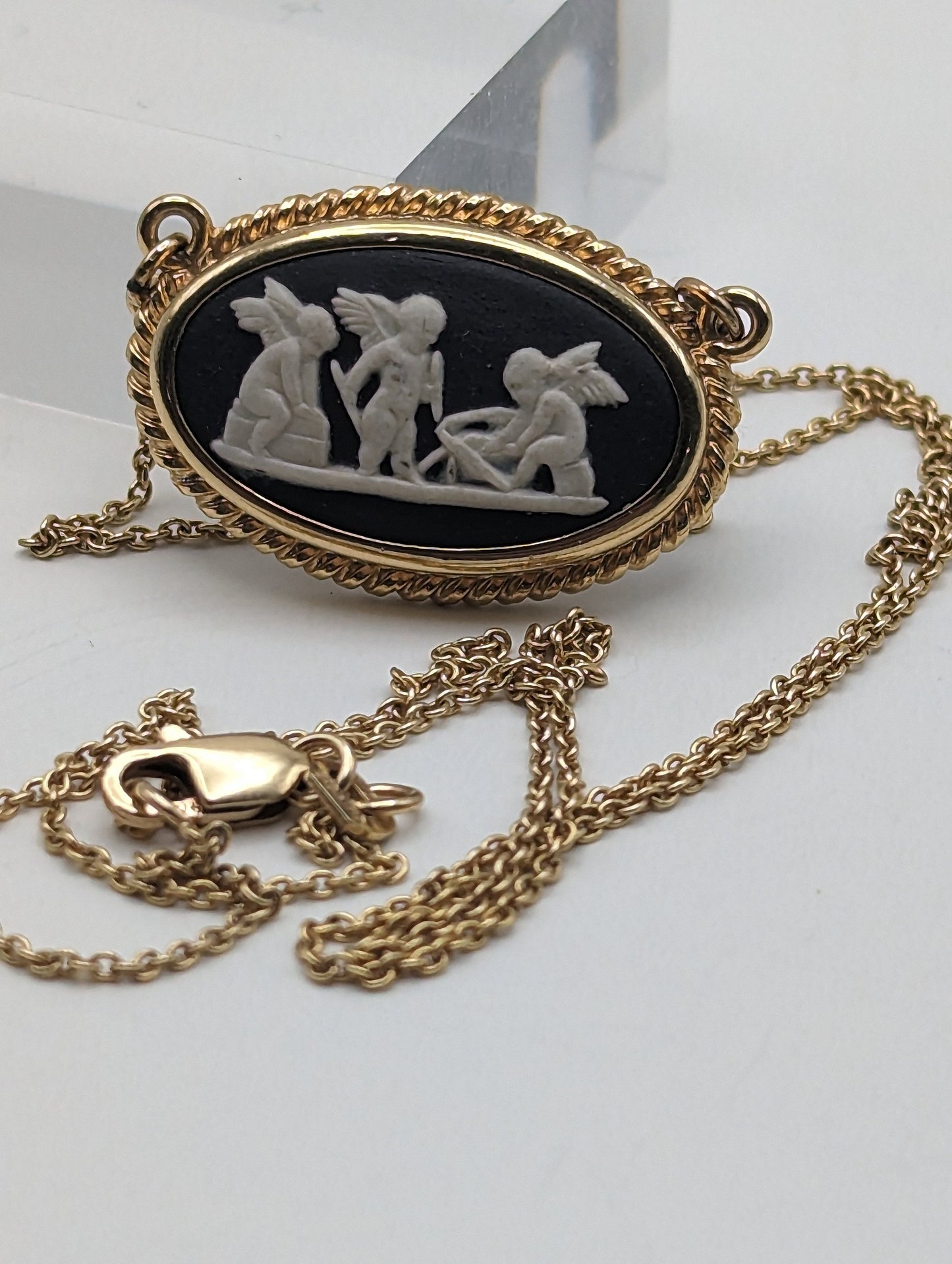 14k Gold Necklace England Wedgwood Black Cameo Angles GP Pendant Vintage Victorian Gold Jasper ware Wedgwood Pendant 14k Solid Gold Necklace