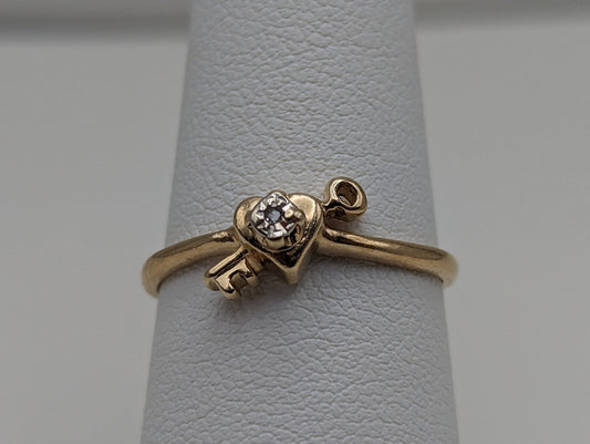 14k Gold Heart with Diamond and Key Ring. 14k Dainty Heart Diamond Ring. 14k Minimalist Gold Heart Lock Ring. 14k Diamond Heart Lock Ring.