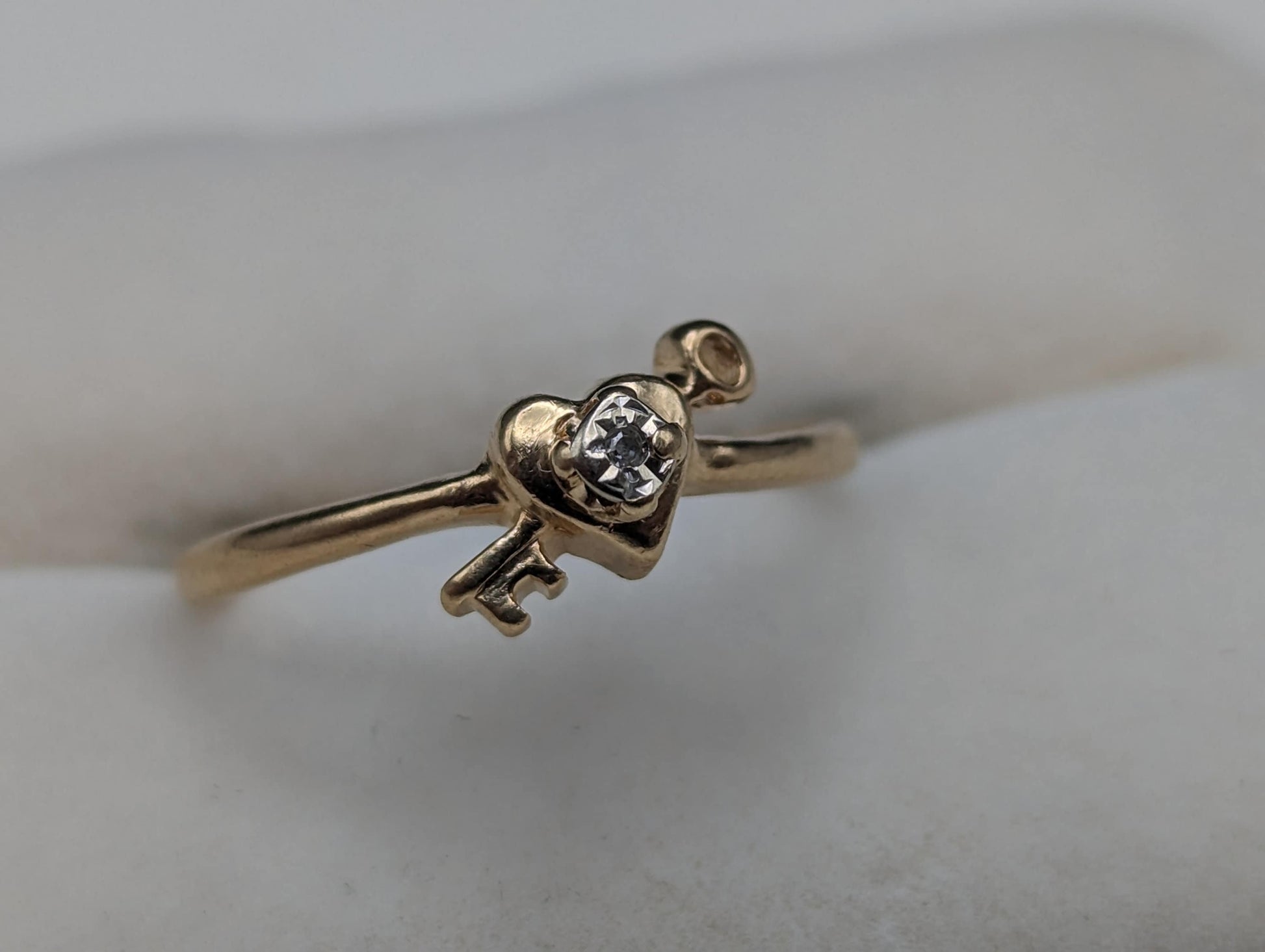14k Gold Heart with Diamond and Key Ring. 14k Dainty Heart Diamond Ring. 14k Minimalist Gold Heart Lock Ring. 14k Diamond Heart Lock Ring.