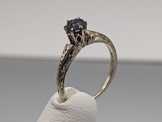 1920s Era of Art Deco 14k White Gold with Blue Sapphire Ring in High Cathedral setting 14k Gold Filigree Design.