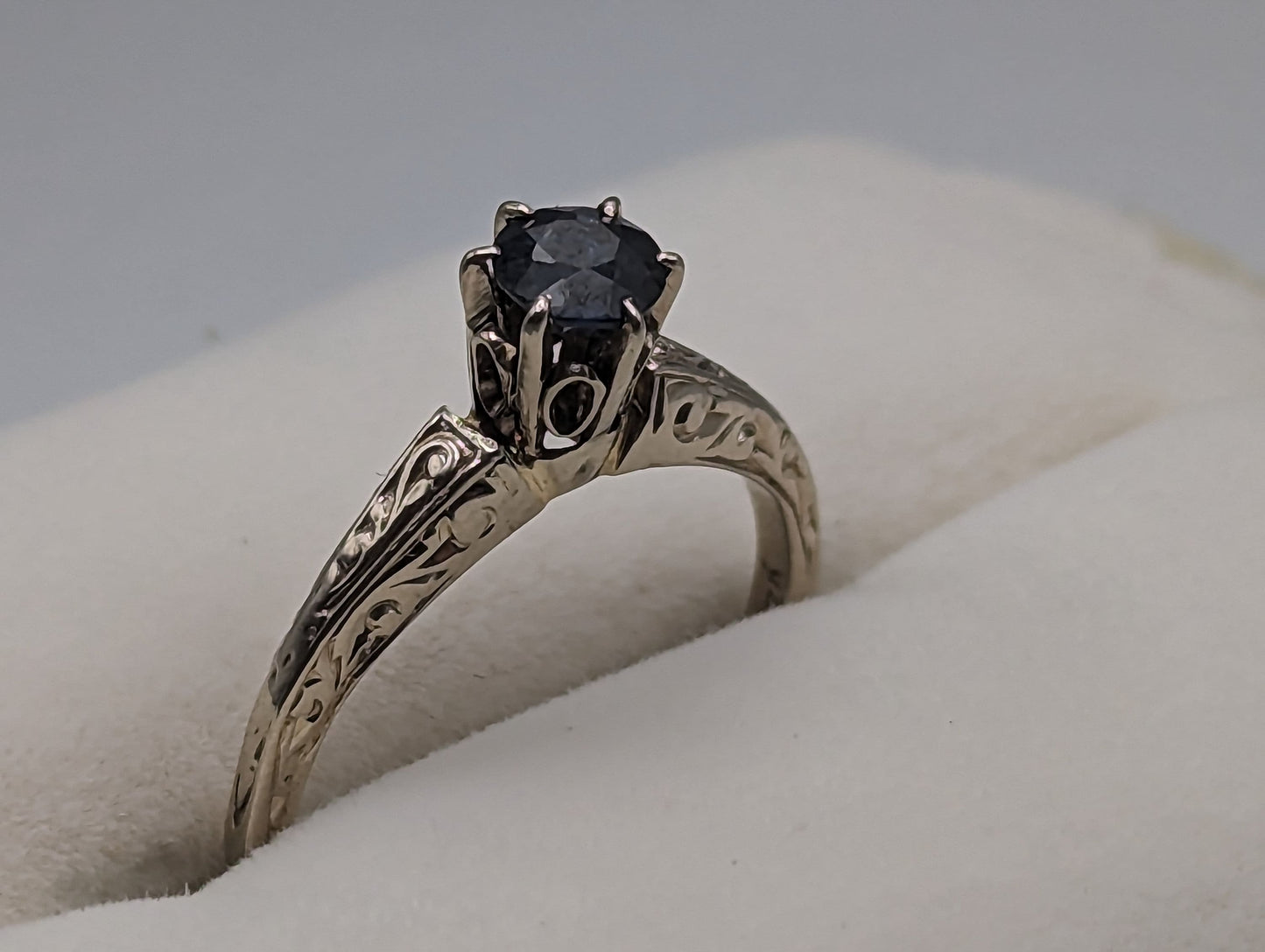 1920s Era of Art Deco 14k White Gold with Blue Sapphire Ring in High Cathedral setting 14k Gold Filigree Design.