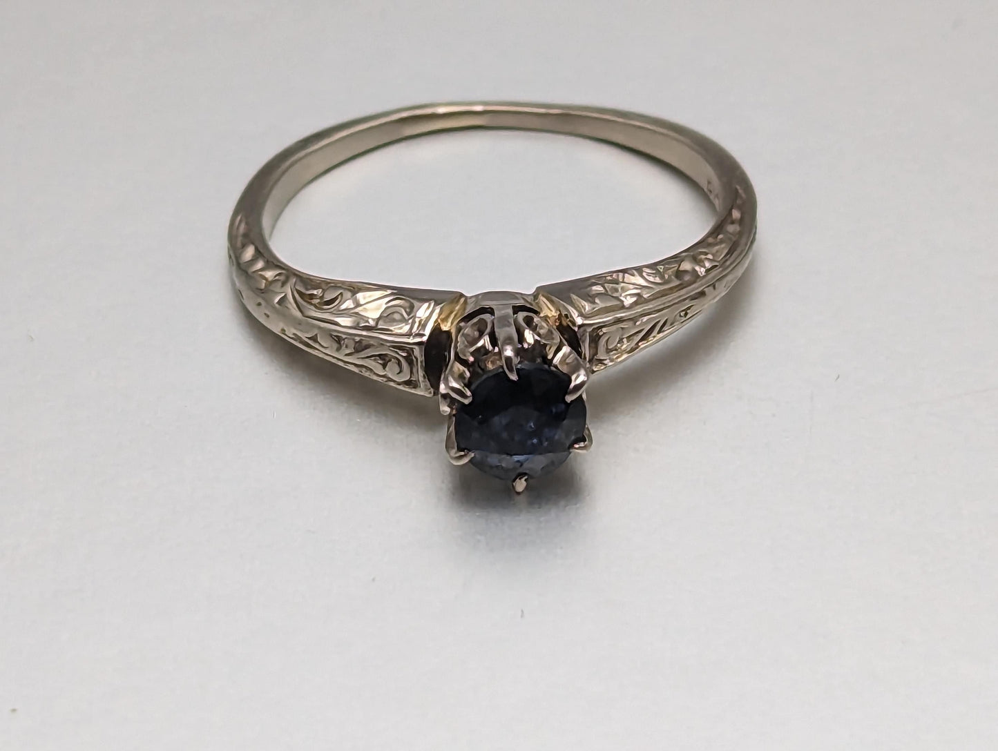 1920s Era of Art Deco 14k White Gold with Blue Sapphire Ring in High Cathedral setting 14k Gold Filigree Design.