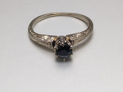 1920s Era of Art Deco 14k White Gold with Blue Sapphire Ring in High Cathedral setting 14k Gold Filigree Design.