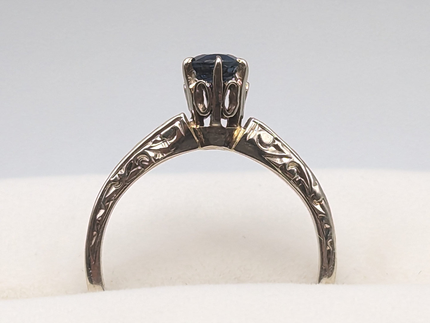 1920s Era of Art Deco 14k White Gold with Blue Sapphire Ring in High Cathedral setting 14k Gold Filigree Design.