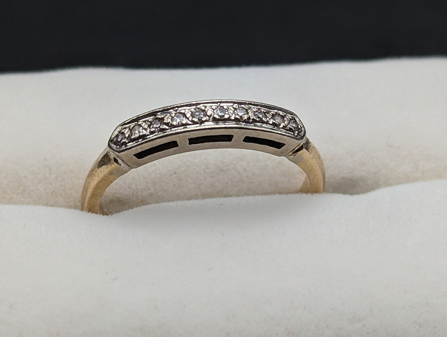 Vintage 14k Yellow and White Gold Diamond Anniversary Band. 14k Diamond Half Eternity Wedding Ring. 14k Womens Diamond Chanel Ring.