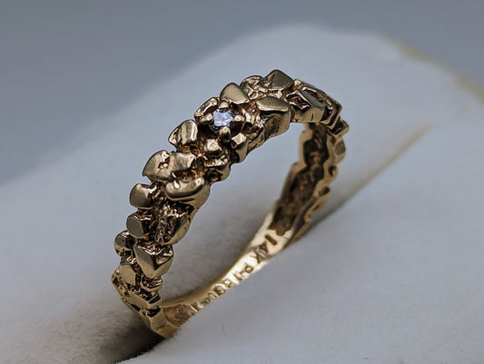 Yellow Gold 14k Nugget Style Diamond Band. 14k Gold Diamond Engagement Ring. Nugget Gold Diamond Ring.