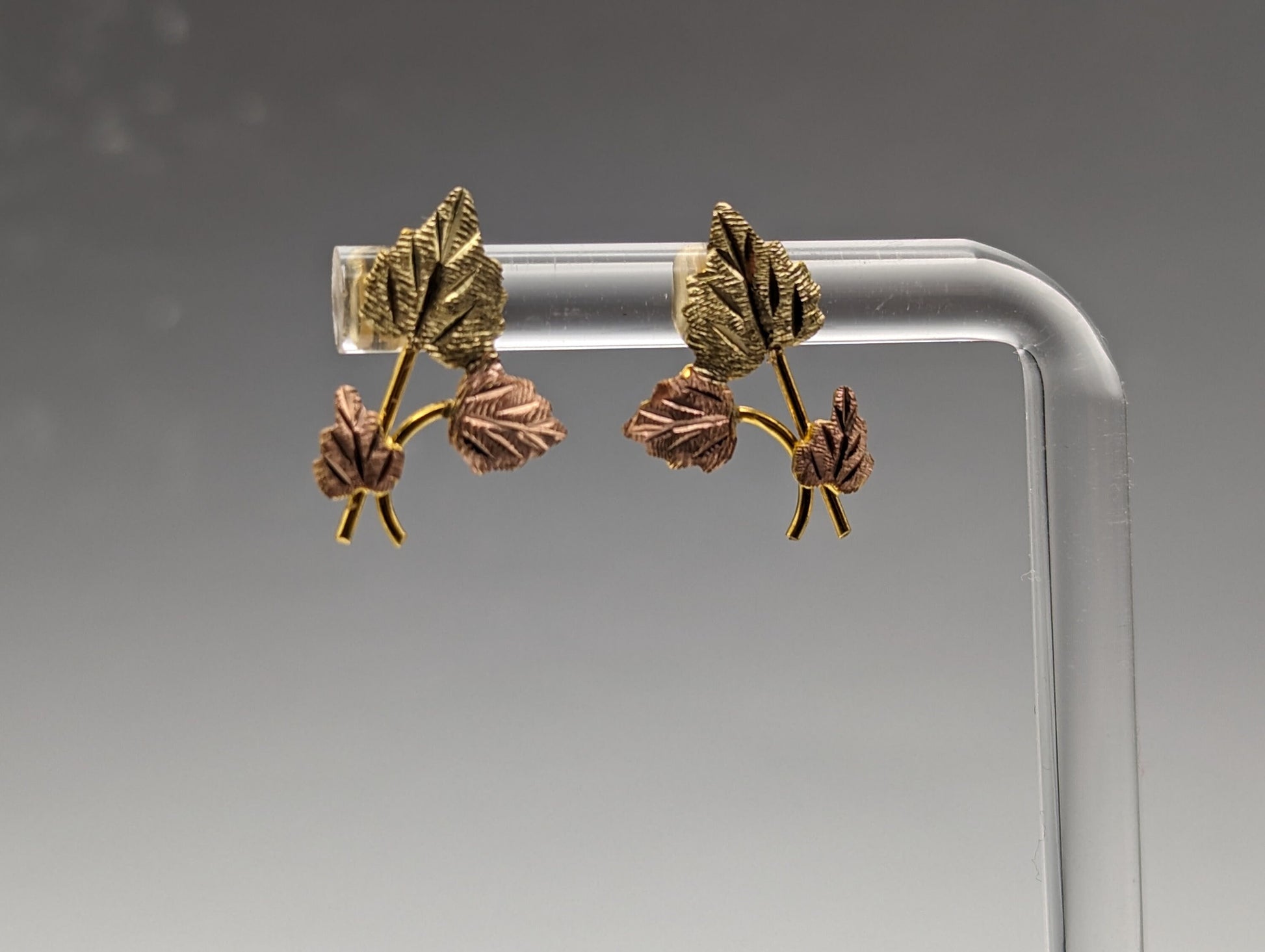 Large Landstroms Black Hills Gold Traditional 14k Gold Vine Earrings Post Design 14k Rose Gold Black Hills Gold Trio Gold Vine Leaf Earrings