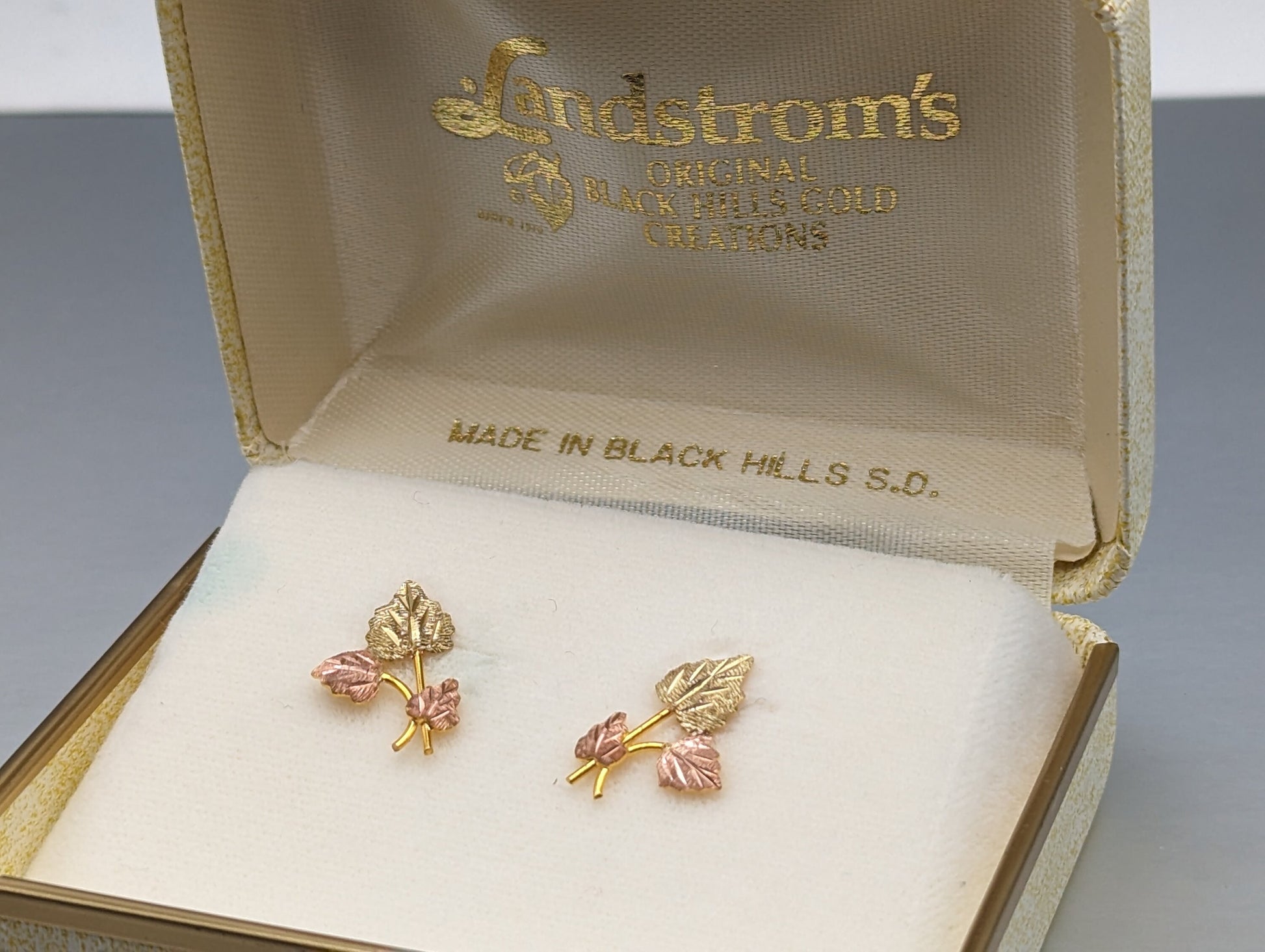 Large Landstroms Black Hills Gold Traditional 14k Gold Vine Earrings Post Design 14k Rose Gold Black Hills Gold Trio Gold Vine Leaf Earrings