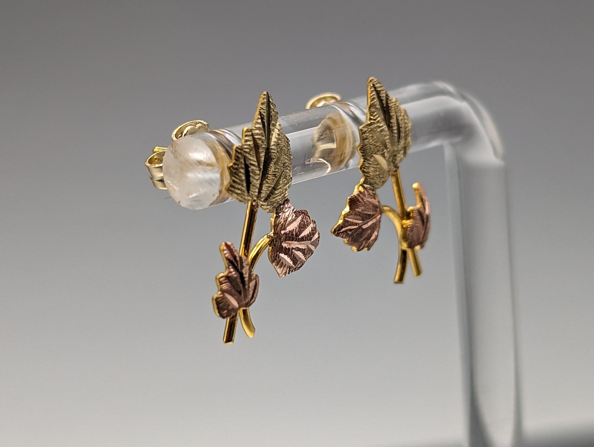 Large Landstroms Black Hills Gold Traditional 14k Gold Vine Earrings Post Design 14k Rose Gold Black Hills Gold Trio Gold Vine Leaf Earrings