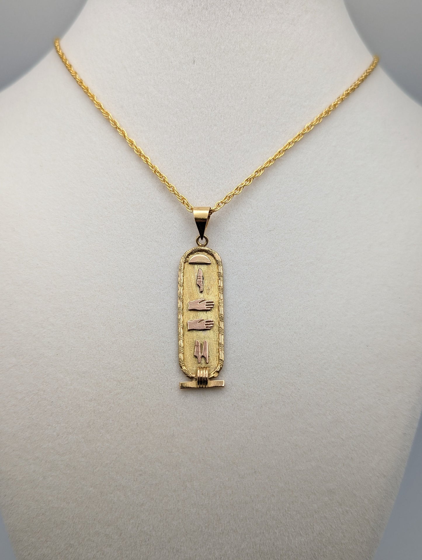 Large 18k Multi Gold Cartouche Pendant. 18k Egyptian Scroll Pendant. 18k Hieroglyphic Scroll Pendant + Complimentary 14k GF Necklace.