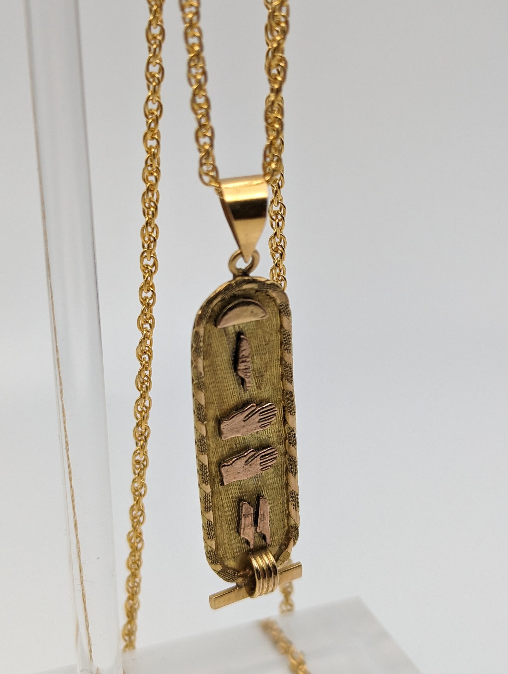 Large 18k Multi Gold Cartouche Pendant. 18k Egyptian Scroll Pendant. 18k Hieroglyphic Scroll Pendant + Complimentary 14k GF Necklace.