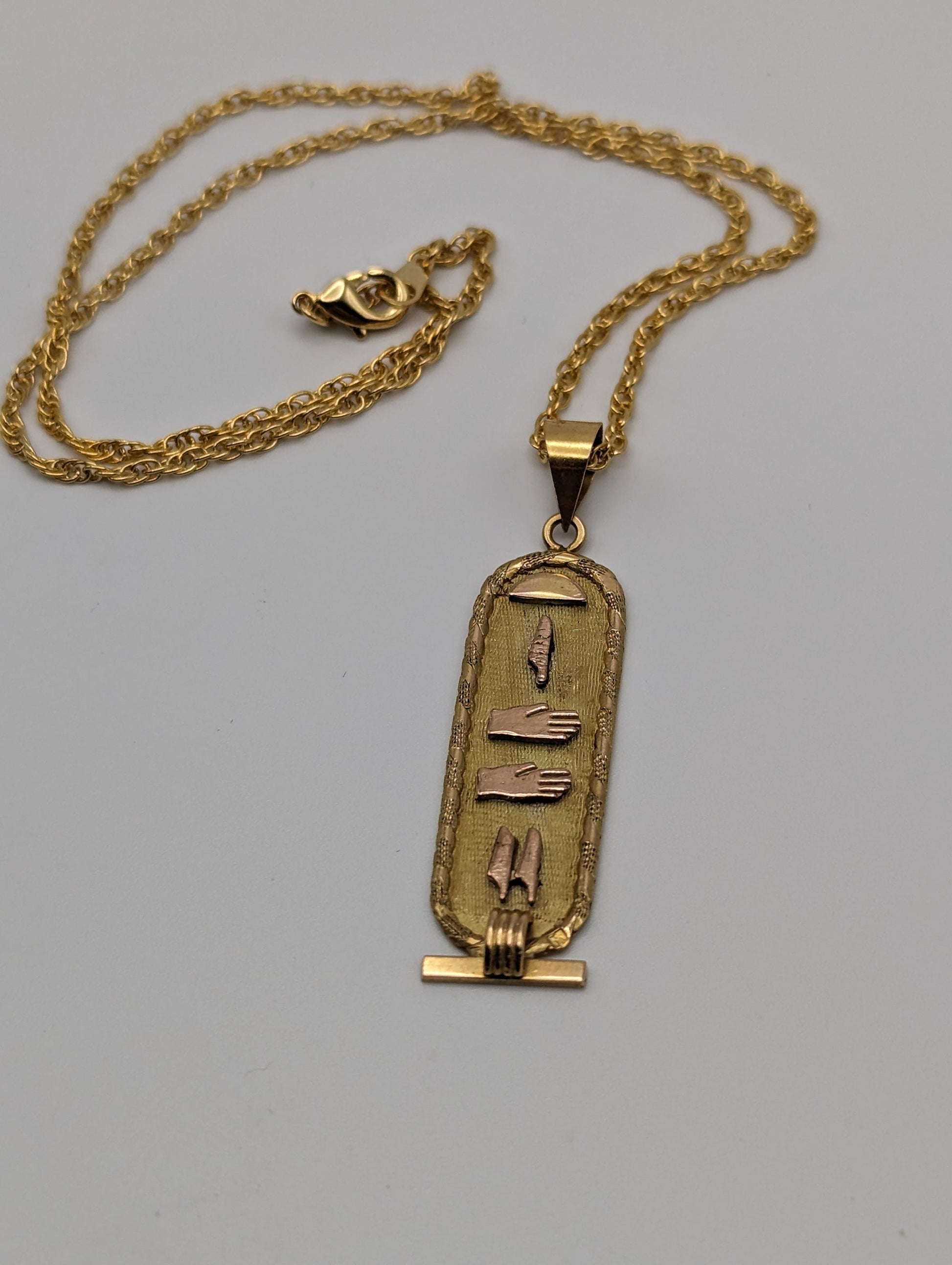 Large 18k Multi Gold Cartouche Pendant. 18k Egyptian Scroll Pendant. 18k Hieroglyphic Scroll Pendant + Complimentary 14k GF Necklace.