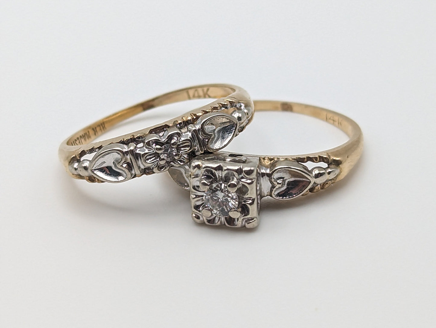 Antique Art Deco 14k White and Yellow Gold Diamond Ring. 14k White and Yellow Gold Diamond Wedding Band. Engagement Ring.