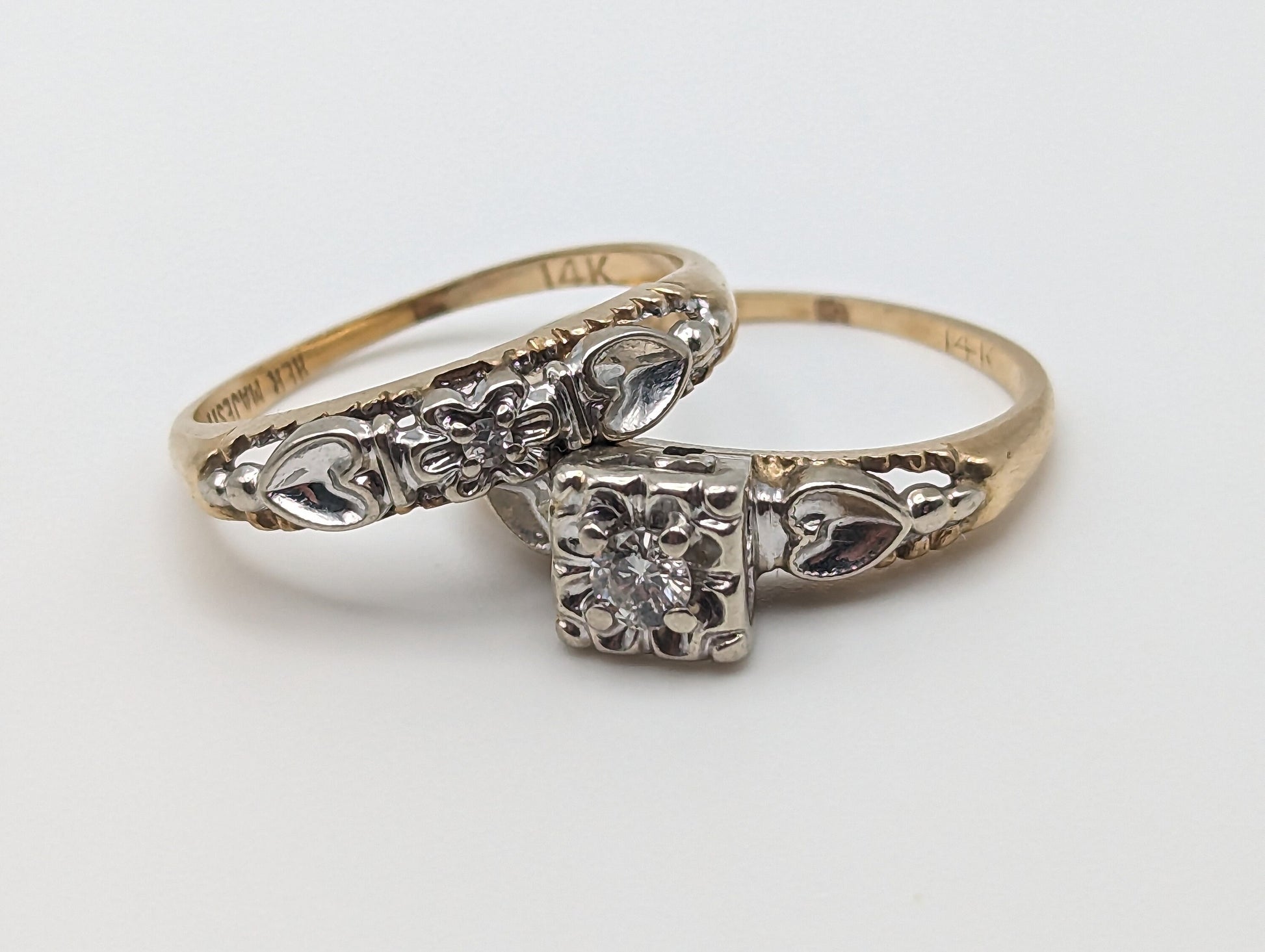 Antique Art Deco 14k White and Yellow Gold Diamond Ring. 14k White and Yellow Gold Diamond Wedding Band. Engagement Ring.