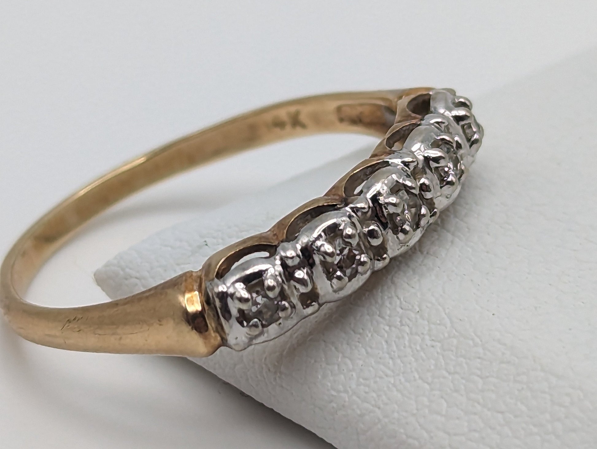 Vintage 14k Yellow and White Gold Diamond Anniversary Band. 14k Diamond Half Eternity Wedding Ring. 14k Womens Diamond Chanel Ring.