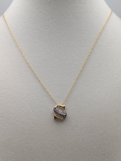 10k Yellow and White Gold Diamond Letter S Pendant. 10k Letter S Pendant. Complimentary 14k GF necklace