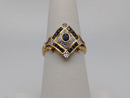 Vintage 14k Yellow Gold Diamond and Blue Sapphire Shield Ring Gold Art Deco Blue Sapphire Ring.