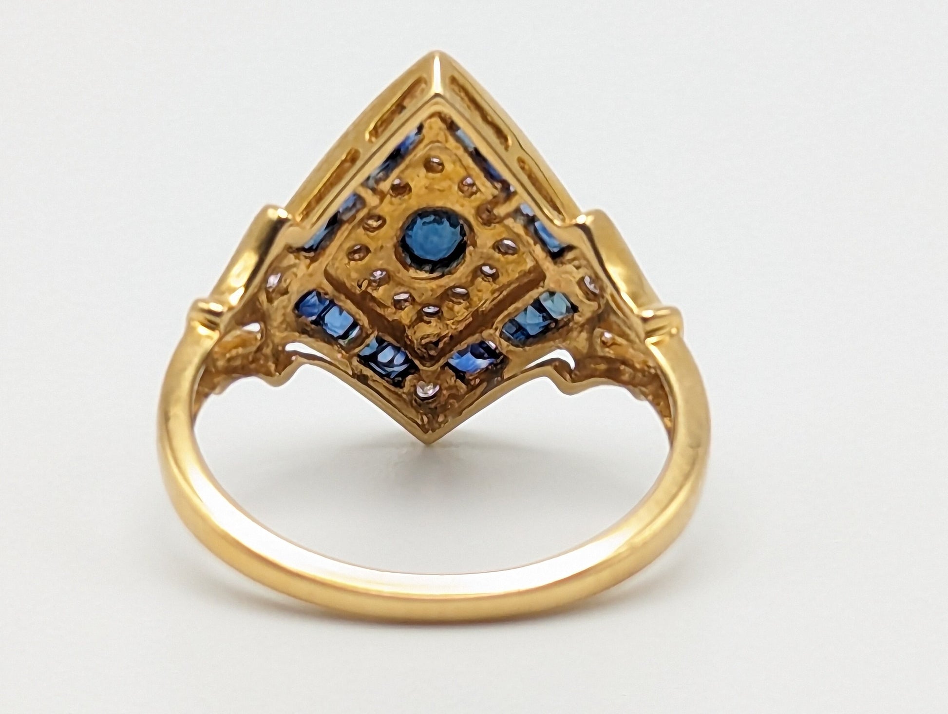 Vintage 14k Yellow Gold Diamond and Blue Sapphire Shield Ring Gold Art Deco Blue Sapphire Ring.