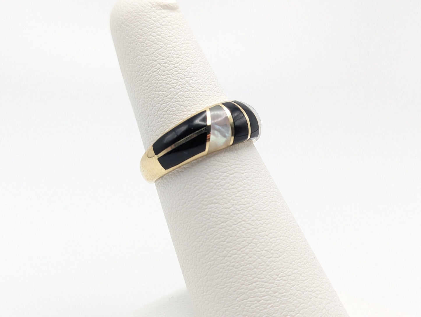 14k Yellow Gold Mother Pearl Inlays Onyx Ring. 14k Half Dome Mother Pearl Onyx Ring. Ladies Black Onyx & Mother Pearl Inlay Band in 14k.