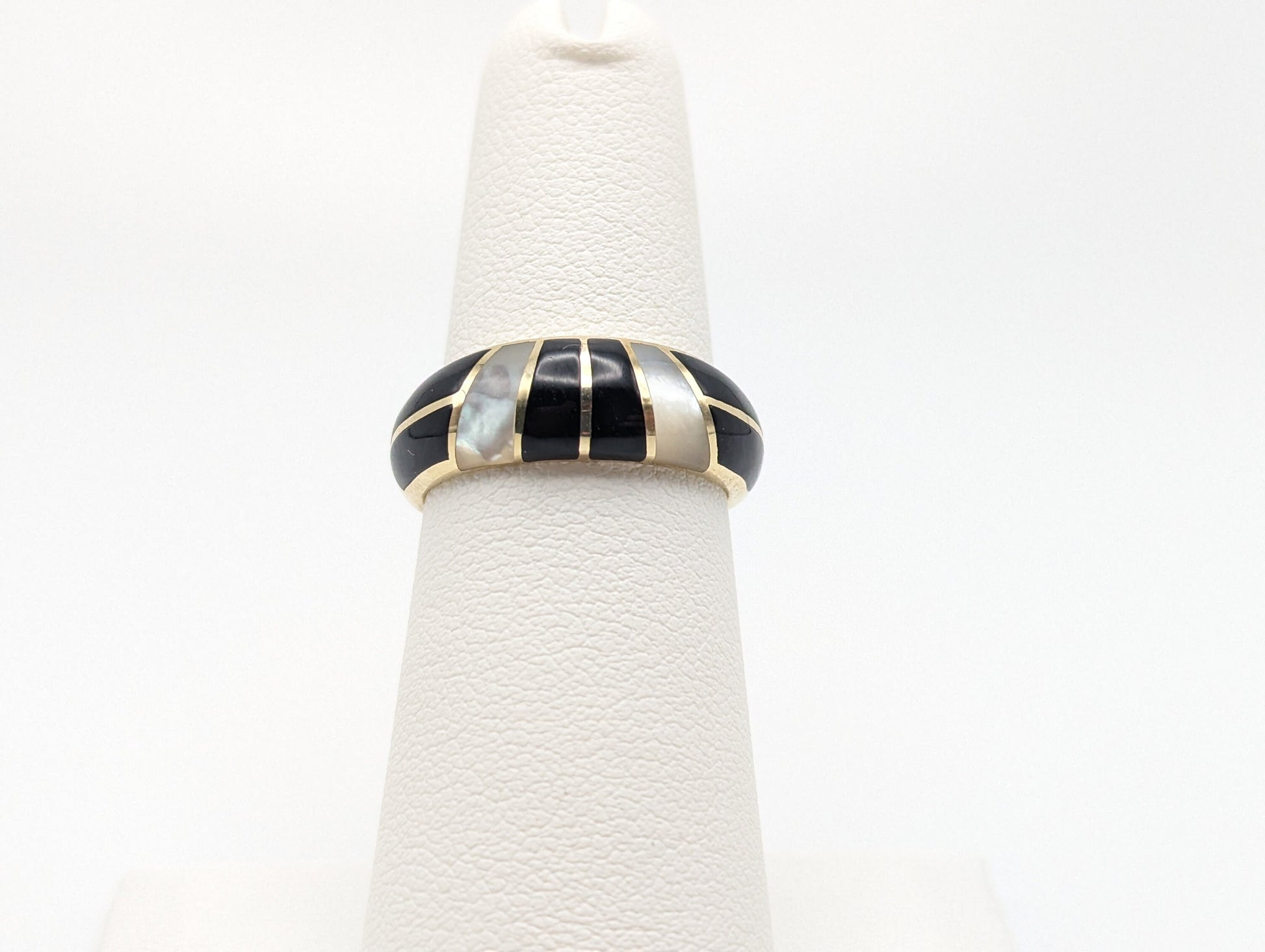 14k Yellow Gold Mother Pearl Inlays Onyx Ring. 14k Half Dome Mother Pearl Onyx Ring. Ladies Black Onyx & Mother Pearl Inlay Band in 14k.