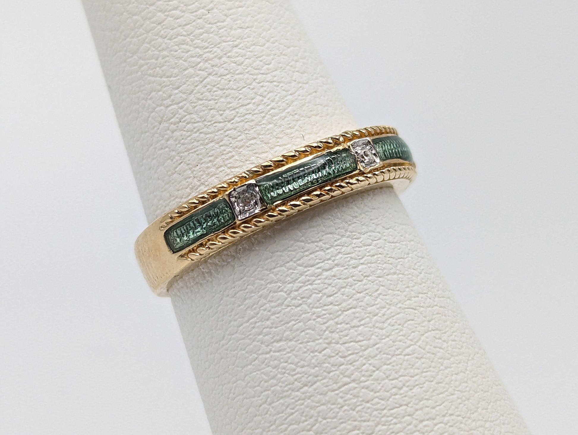 14k Green Enamel Bezel Set Diamond Ring. 14k Diamond Bezel Set Ring. 14k Green Enamel Ring.