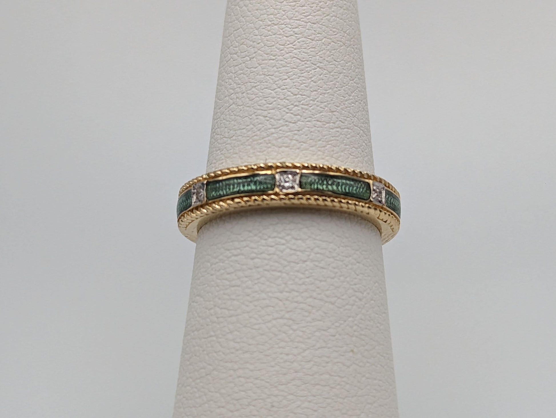 14k Green Enamel Bezel Set Diamond Ring. 14k Diamond Bezel Set Ring. 14k Green Enamel Ring.