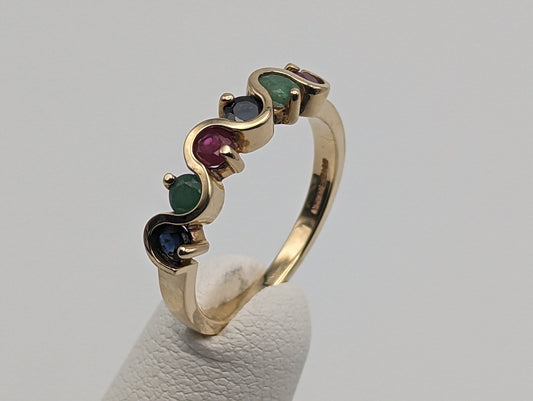 14k Yellow Gold Multi Gem Eternity Ring. 14k Yellow Gold Multi-Gem Band. 14k Gemstone Art Deco Ring.