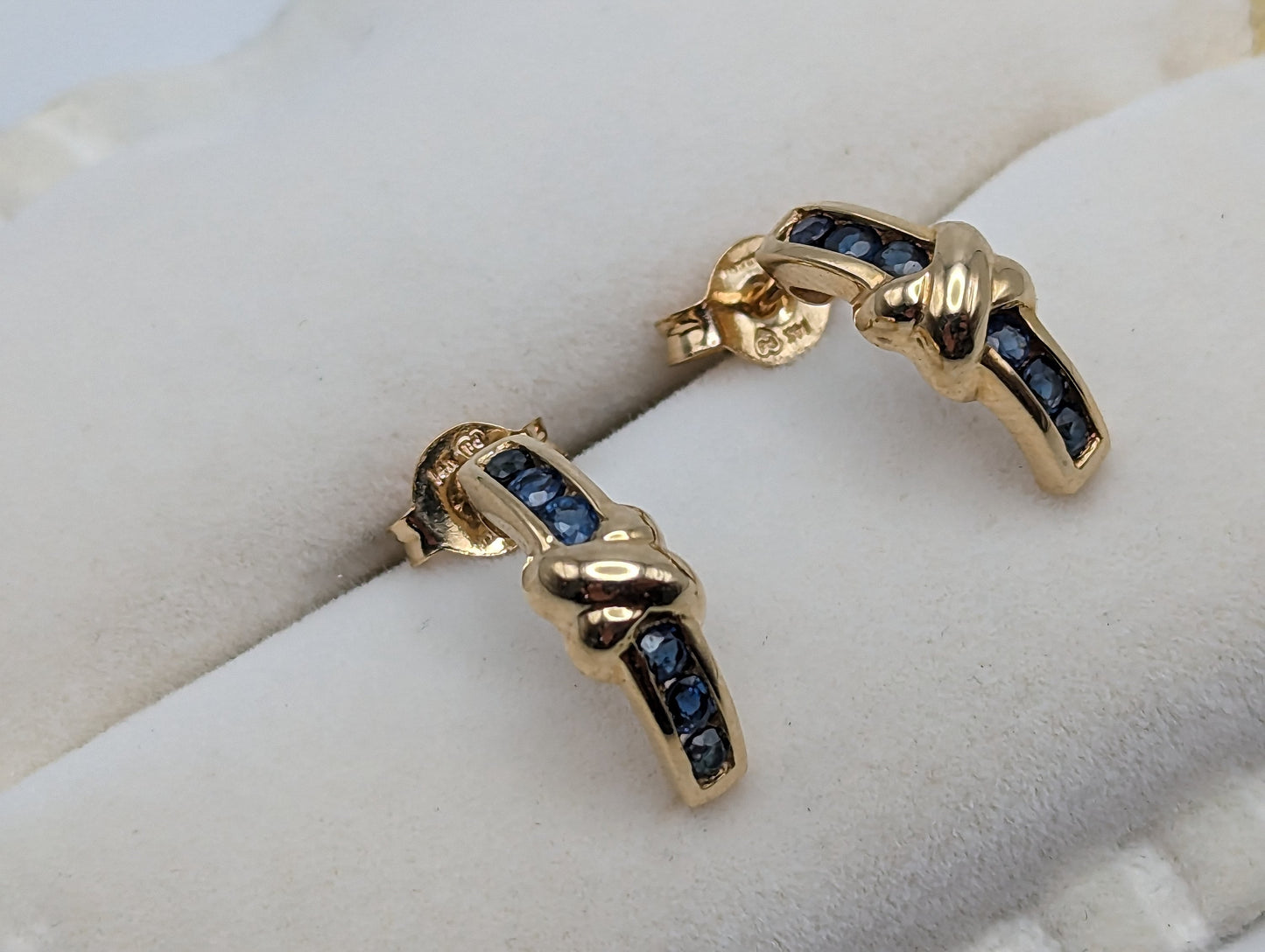 14k Yellow Gold Blue Sapphire Huggie Earrings. 14k Yellow Plug Earrings. 14k Omega Back Sapphire Earrings.