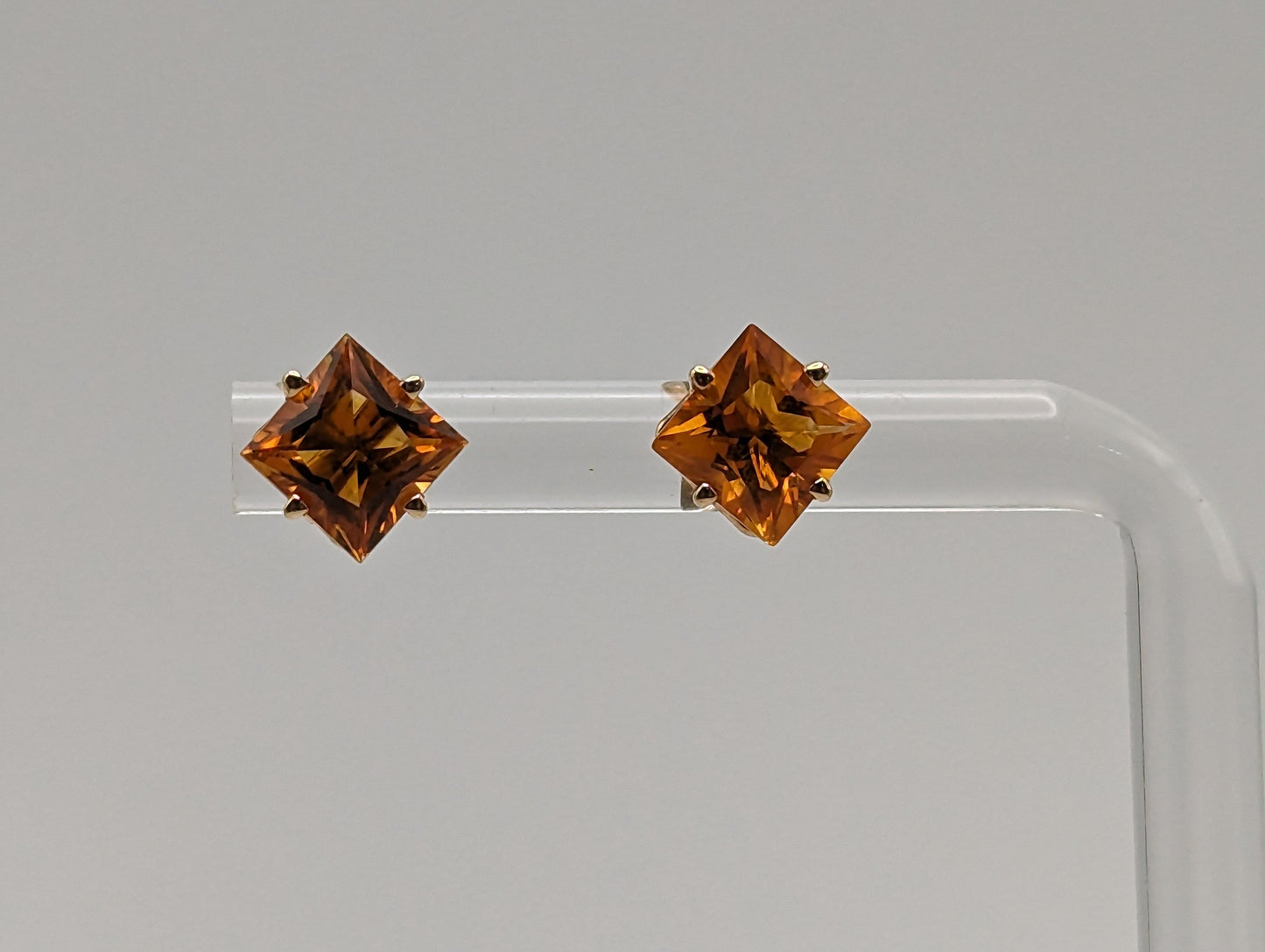 14k Yellow Gold Princess Cut Citrine Studs. 14k Citrine Studs. Dainty Citrine Earrings. 14k Yellow Gold Orange Gemstone Earrings.