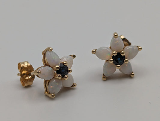 14k Yellow Gold Opal and Sapphire Flower Earrings. 14k Flower Studs. Yellow Gold Flower Earrings.