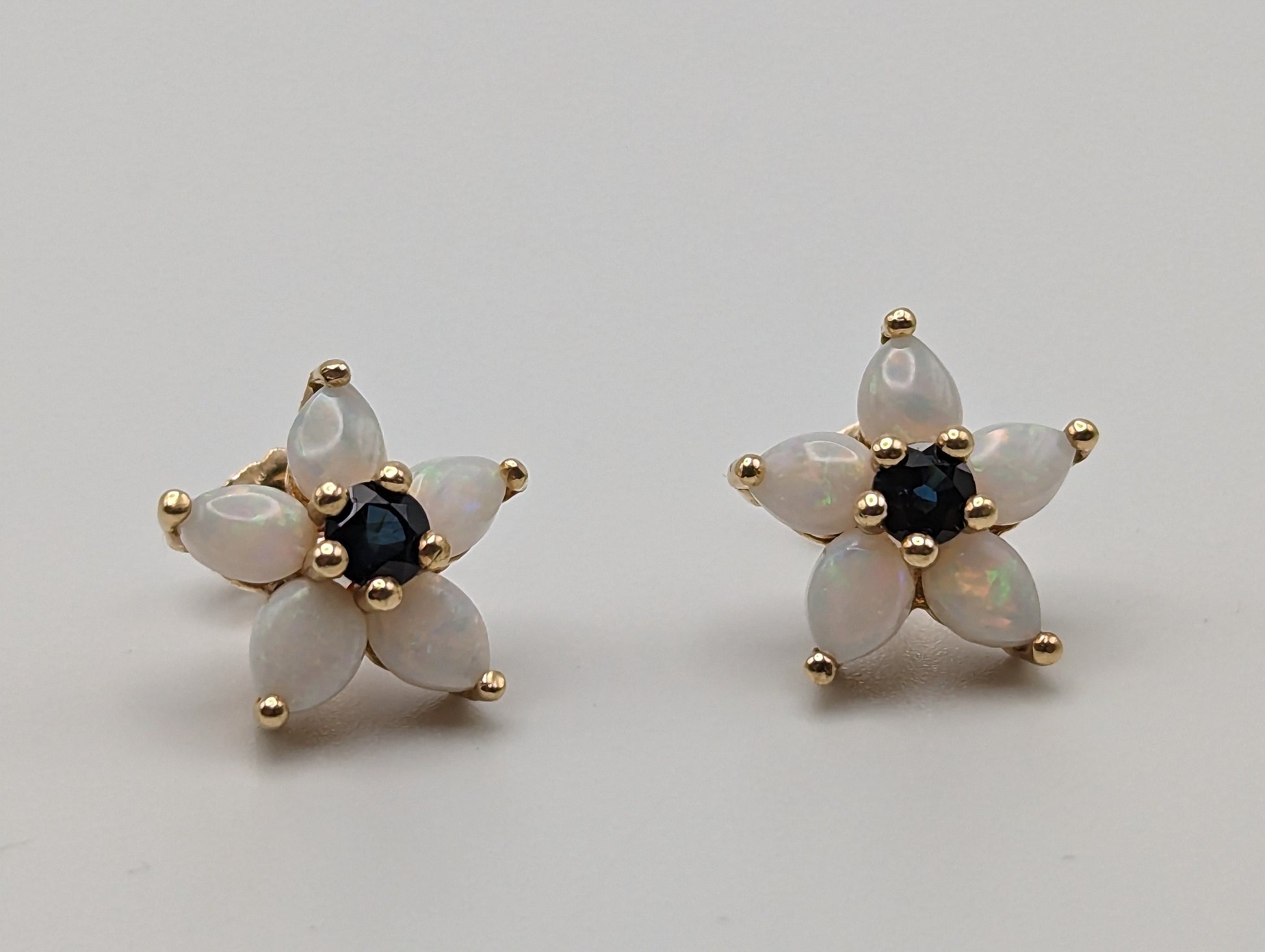 14k Yellow Gold Opal and Sapphire Flower Earrings. 14k Flower Studs. Yellow Gold Flower Earrings.