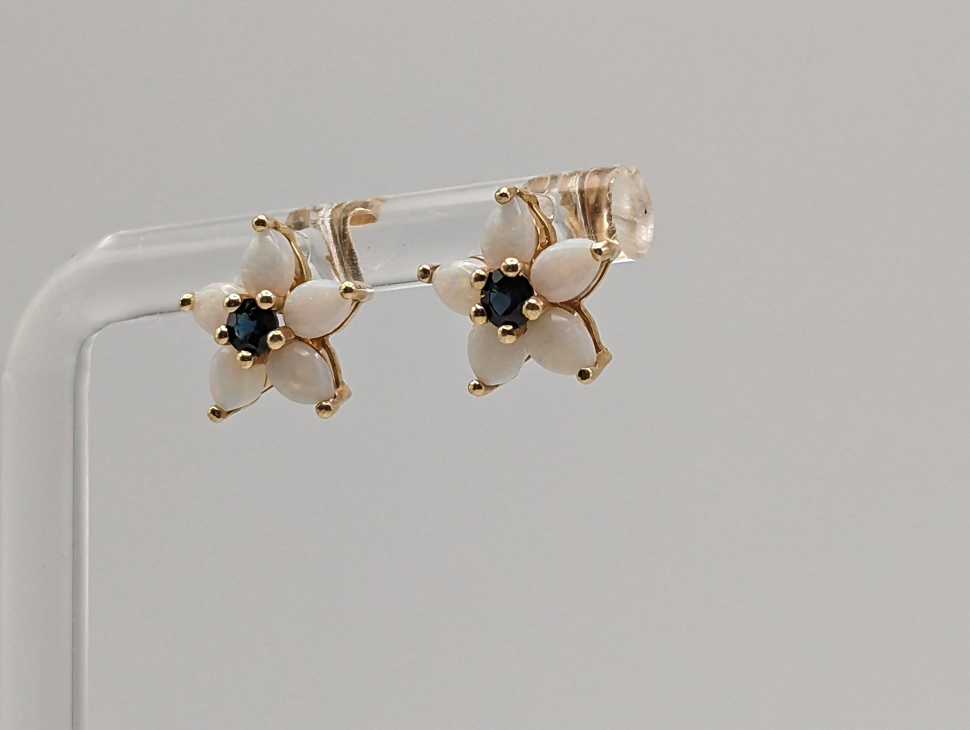 14k Yellow Gold Opal and Sapphire Flower Earrings. 14k Flower Studs. Yellow Gold Flower Earrings.