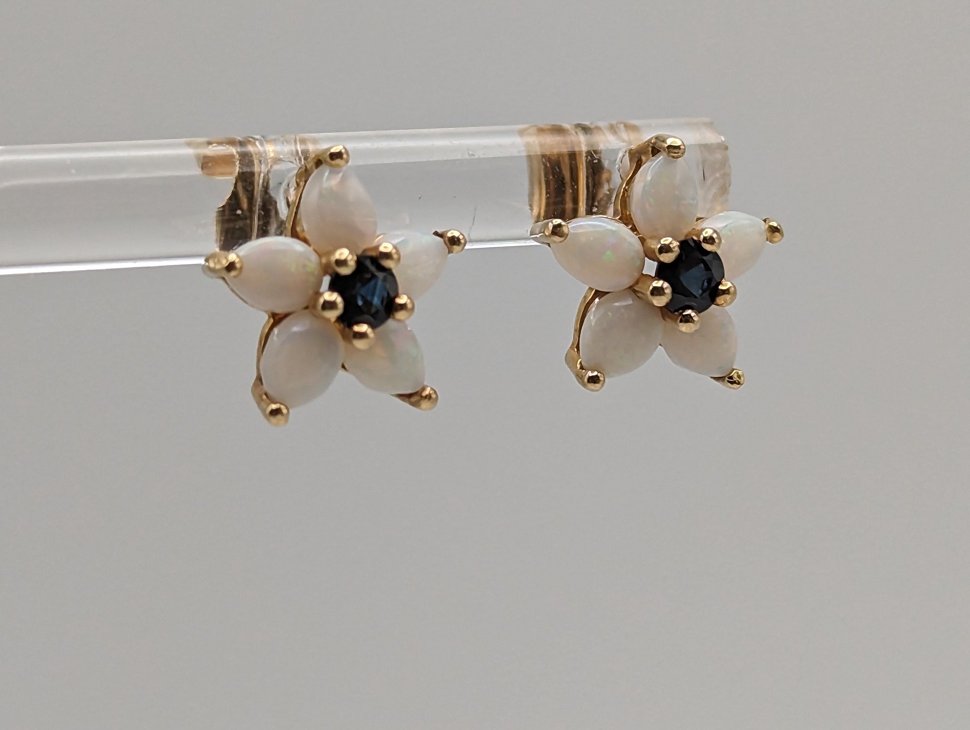 14k Yellow Gold Opal and Sapphire Flower Earrings. 14k Flower Studs. Yellow Gold Flower Earrings.