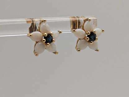 14k Yellow Gold Opal and Sapphire Flower Earrings. 14k Flower Studs. Yellow Gold Flower Earrings.