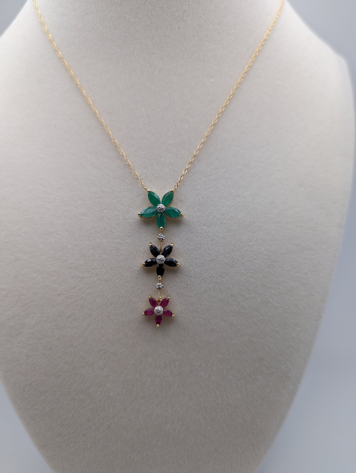 14k Solid Gold Journey Diamond Flower Ruby Emerald Diamond Sapphire Necklace Pendant. 14k Three-Stone Flower Journey