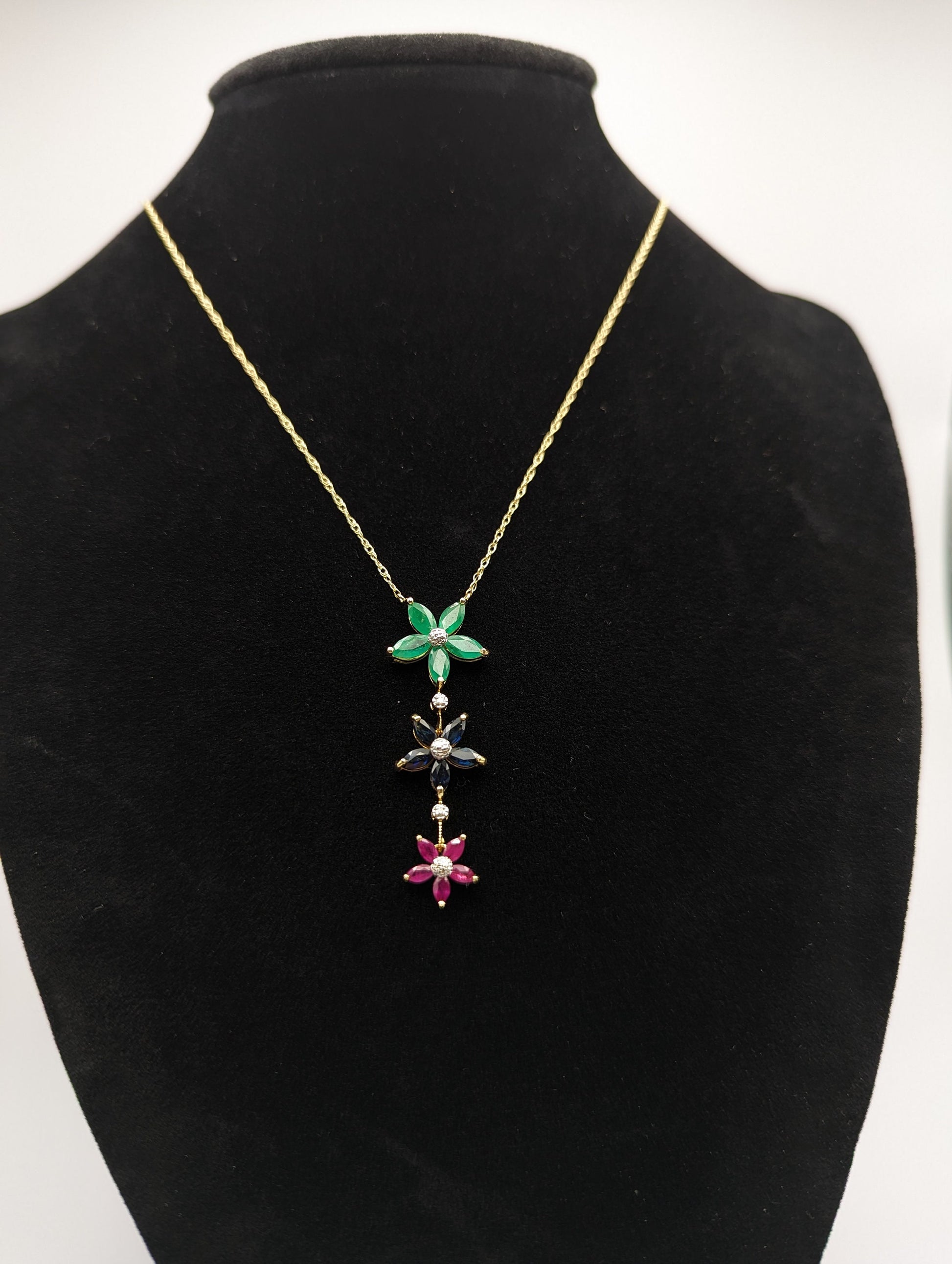 14k Solid Gold Journey Diamond Flower Ruby Emerald Diamond Sapphire Necklace Pendant. 14k Three-Stone Flower Journey