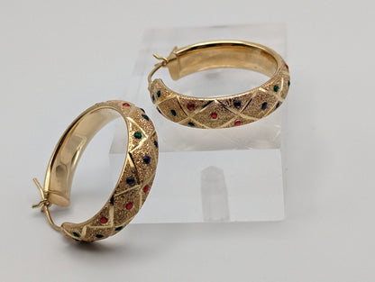 Large 14k Yellow Gold Quilted Polka Dot Enamel Hoop Earrings 14k Solid Gold Hoops 14k Textured Gold Hoops