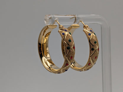Large 14k Yellow Gold Quilted Polka Dot Enamel Hoop Earrings 14k Solid Gold Hoops 14k Textured Gold Hoops