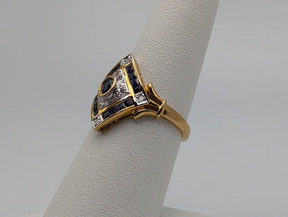 Vintage 14k Yellow Gold Diamond and Blue Sapphire Shield Ring Gold Art Deco Blue Sapphire Ring.