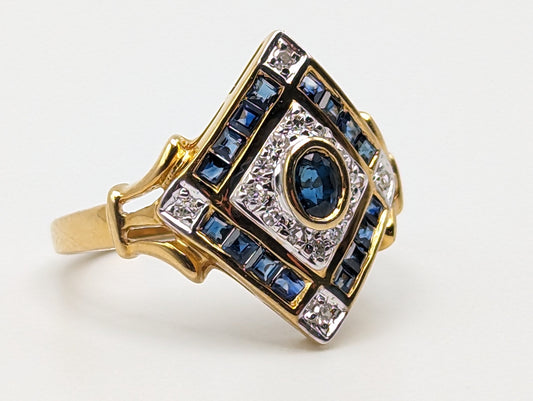 Vintage 14k Yellow Gold Diamond and Blue Sapphire Shield Ring Gold Art Deco Blue Sapphire Ring.