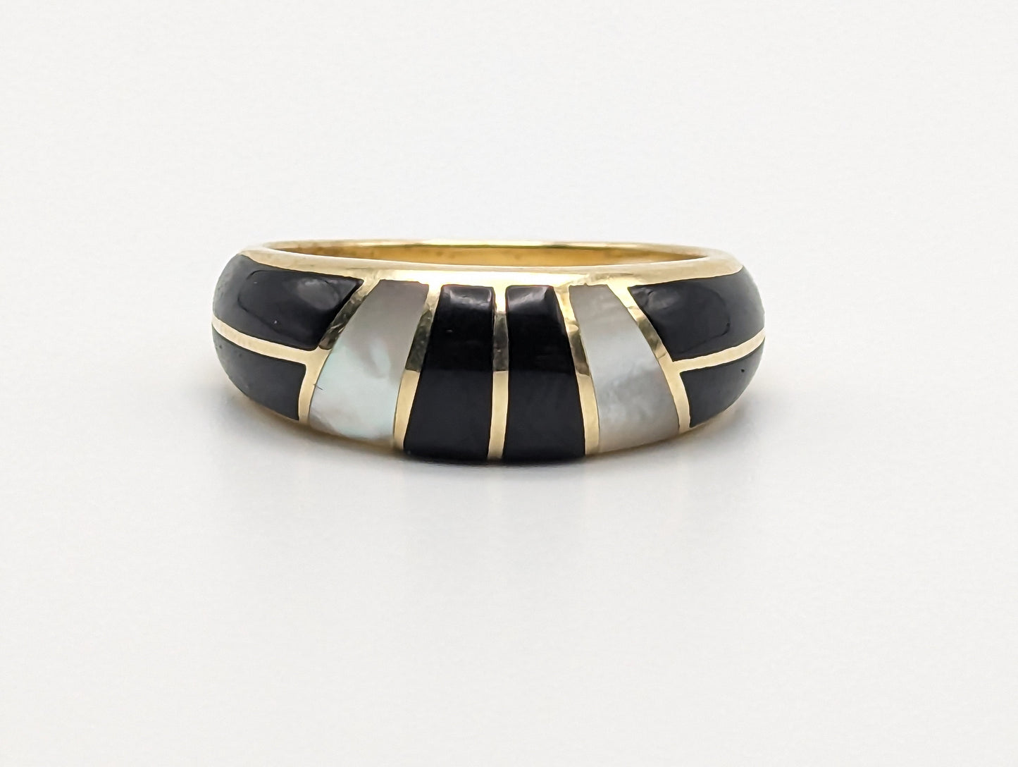 14k Yellow Gold Mother Pearl Inlays Onyx Ring. 14k Half Dome Mother Pearl Onyx Ring. Ladies Black Onyx & Mother Pearl Inlay Band in 14k.