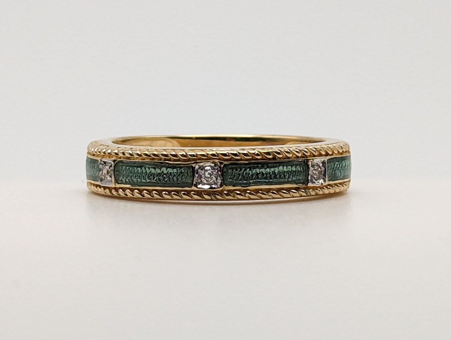 14k Green Enamel Bezel Set Diamond Ring. 14k Diamond Bezel Set Ring. 14k Green Enamel Ring.