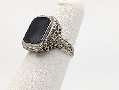 Allsop Brothers 1900s White Gold 18k Art Deco Black Onyx Ring. Midnight Black Onyx Ring Pinky Onyx Ring
