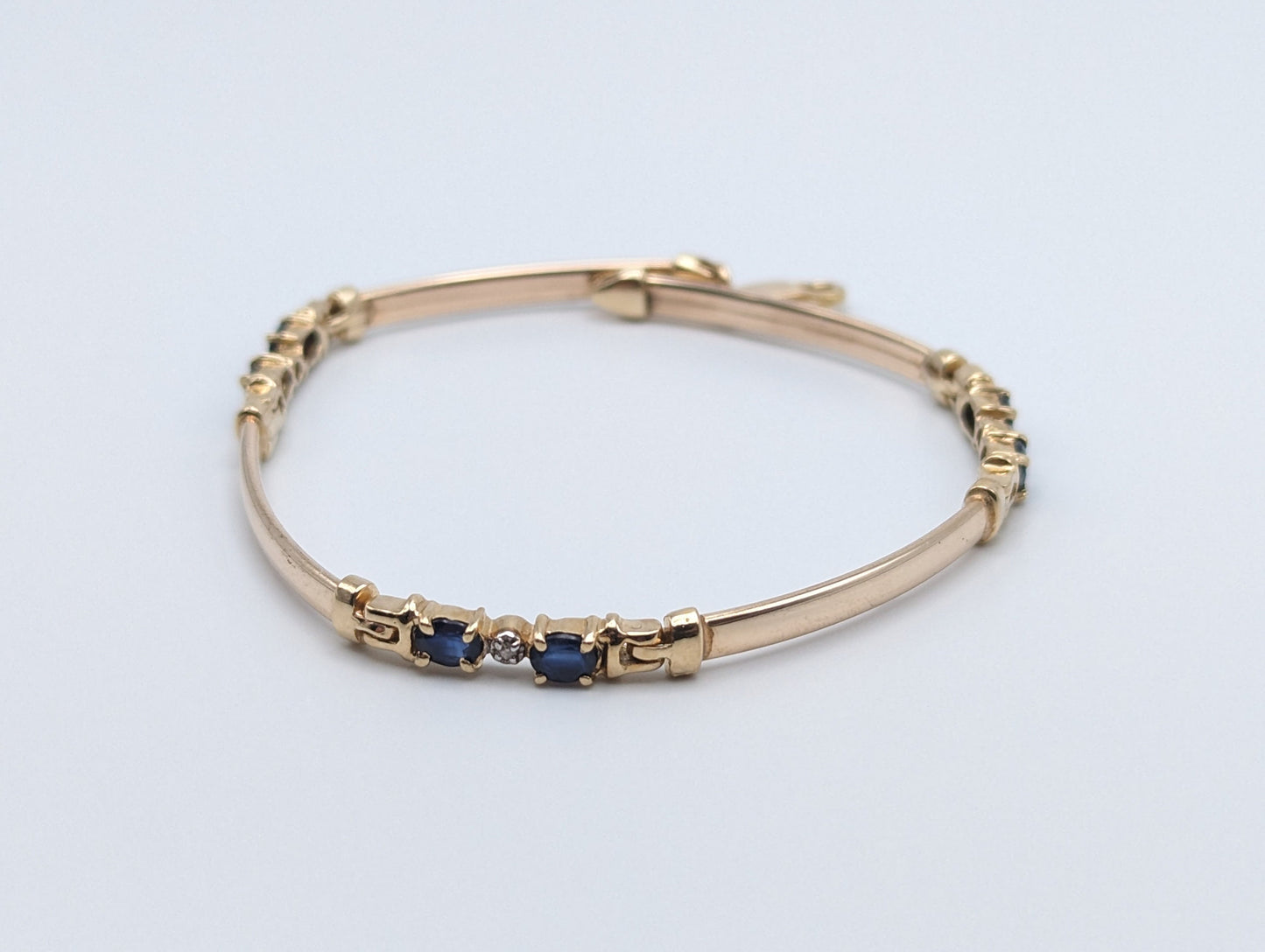 10K Solid Yellow Gold Oval Blue Sapphire & Diamond Tennis Bracelet 8” Delicate Sapphire Tennis Bracelet