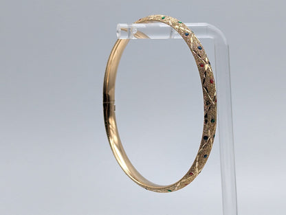 10K Yellow Gold Oval Hinge Bangle Dia Cut Textured Green/Blue/Red Dotted. 10k Yellow Gold Bangle