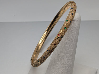 10K Yellow Gold Oval Hinge Bangle Dia Cut Textured Green/Blue/Red Dotted. 10k Yellow Gold Bangle