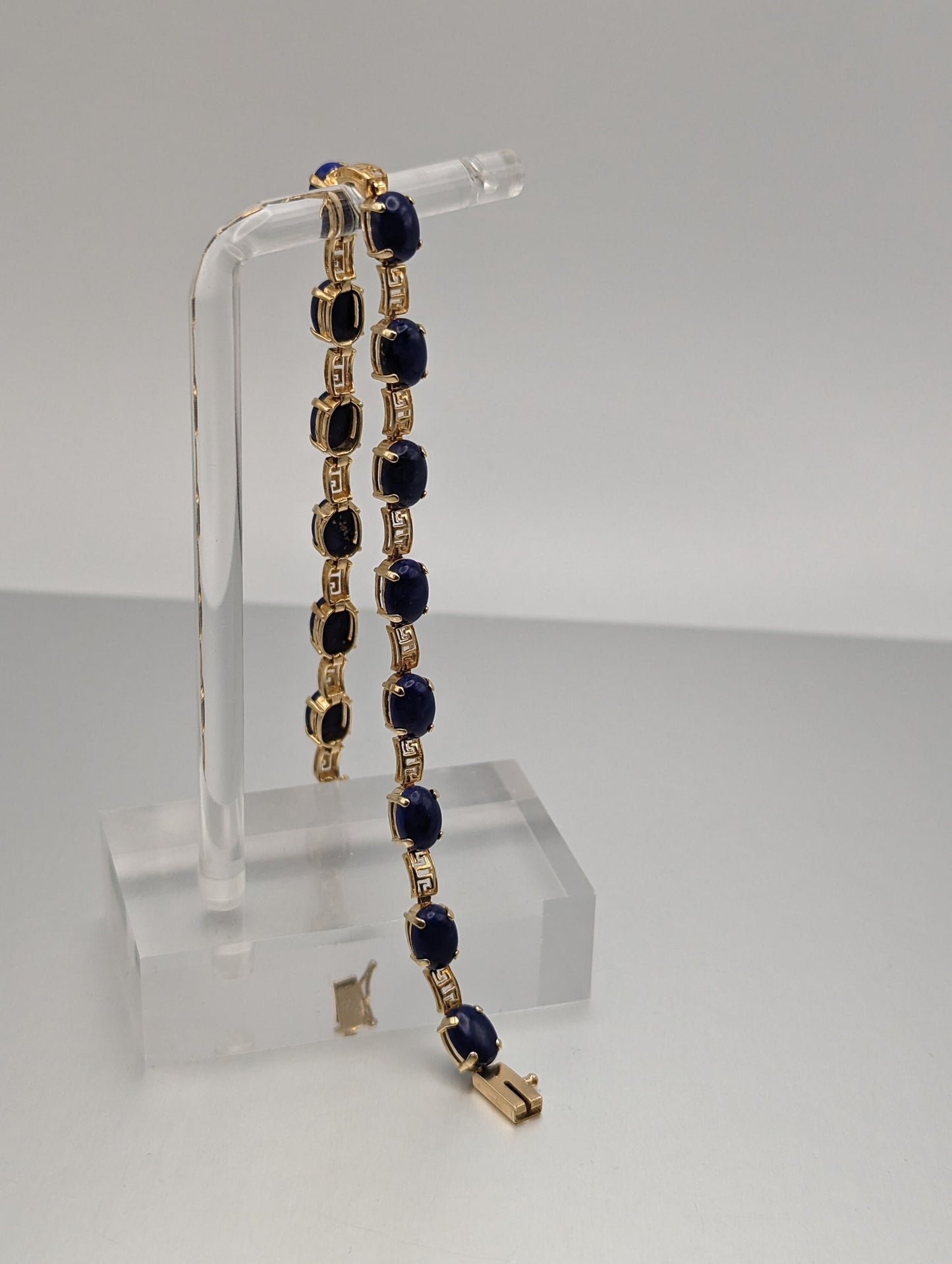 14kt Yellow Gold & Lapis Lazuli Oval Cabochon Greek Key Tennis Bracelet. 14kt Lapis Yellow Gold Bracelet.