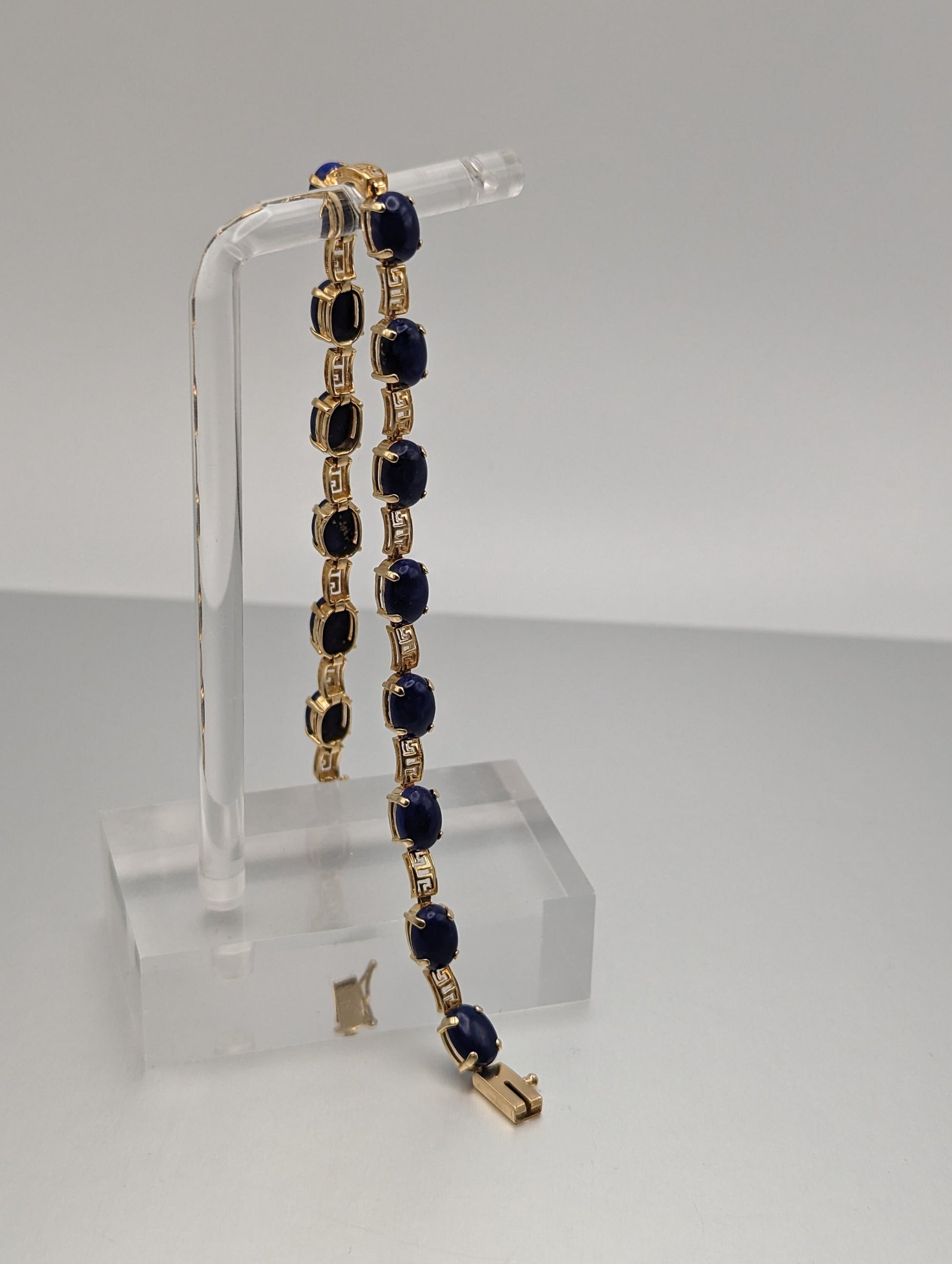 14kt Yellow Gold & Lapis Lazuli Oval Cabochon Greek Key Tennis Bracelet. 14kt Lapis Yellow Gold Bracelet.